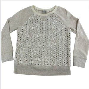 Halogen Long Sleeve Cream and Lace Front Crewneck Sweater Top, XSP